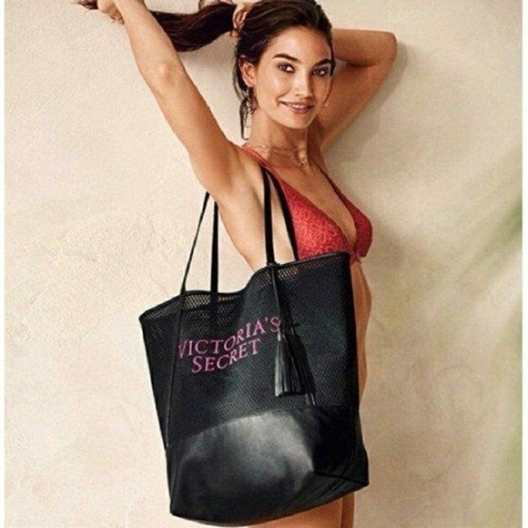 NWT-Victoria's Secret Black and Pink Mesh Tote - Picture 2 of 10